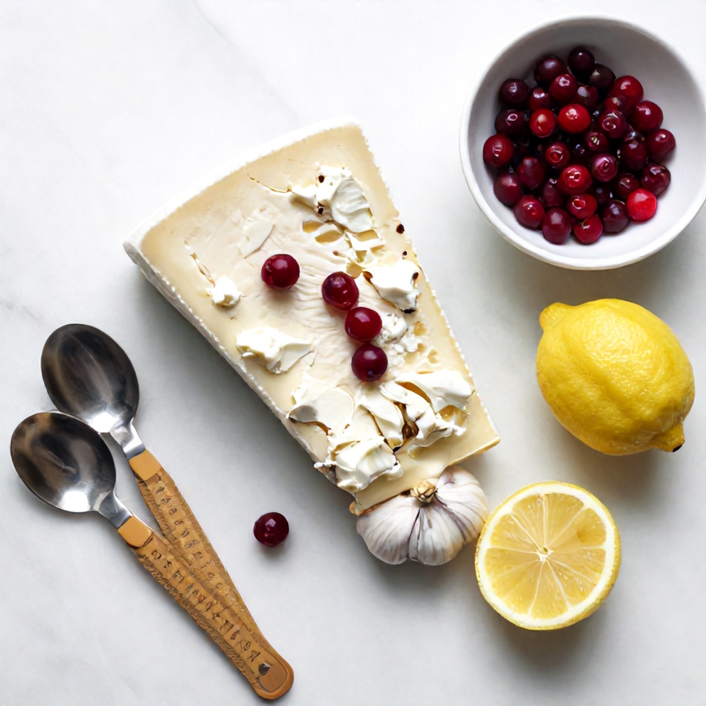 Overhead flat lay of feta cheese, cranberries, cream cheese, garlic, and lemon, with measuring spoons and bowls on a white marble surface under bright even light.