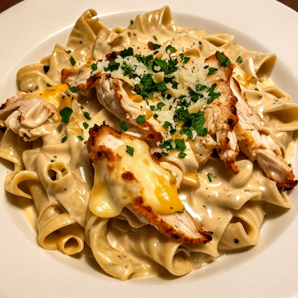 Finished Creamy Dairy-Free Chicken Alfredo with Gluten-Free Pasta