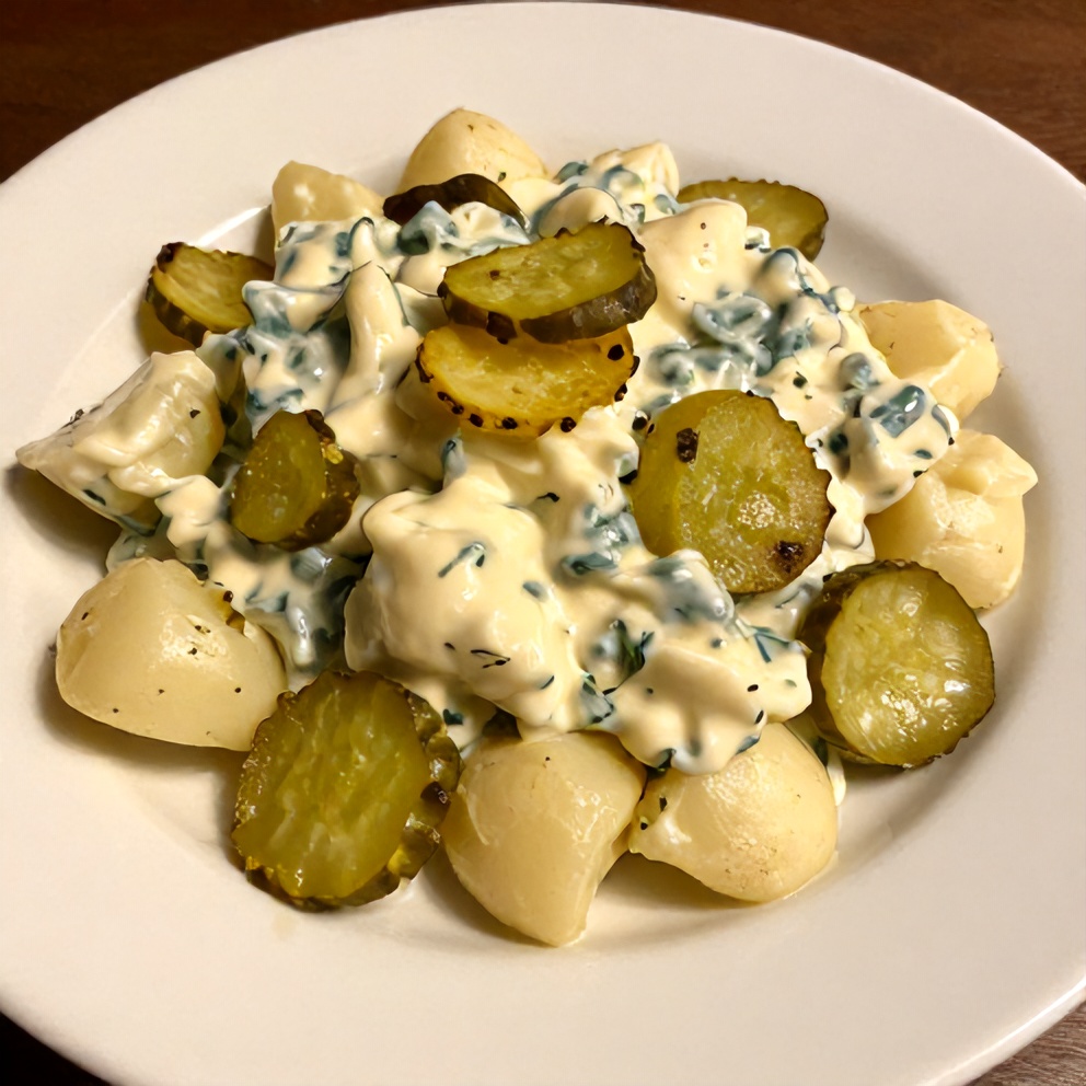 Plated serving of Creamy Dill Pickle Potato Salad