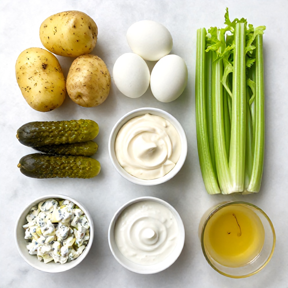 Raw ingredients for Creamy Dill Pickle Potato Salad