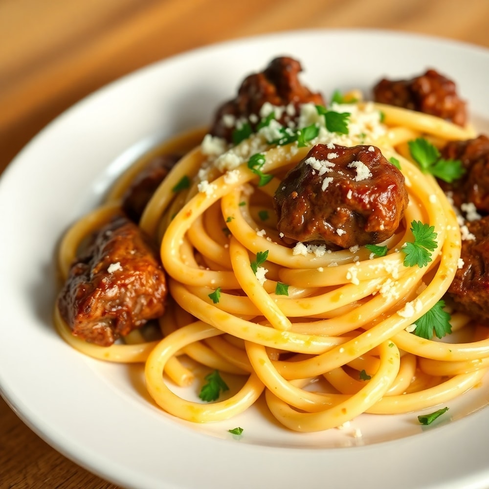 Plated garlic butter steak bites with spicy Cajun Alfredo pasta