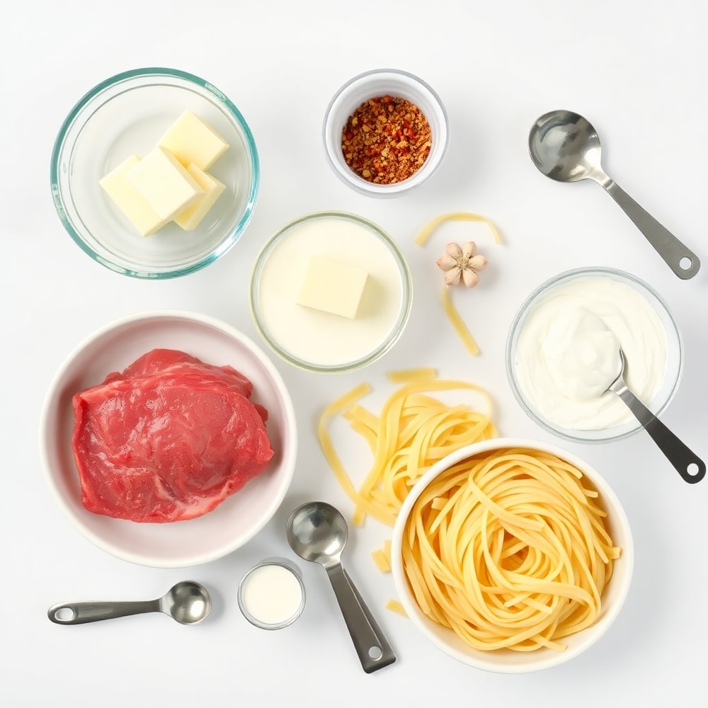 Raw ingredients for garlic butter steak bites with spicy Cajun Alfredo pasta