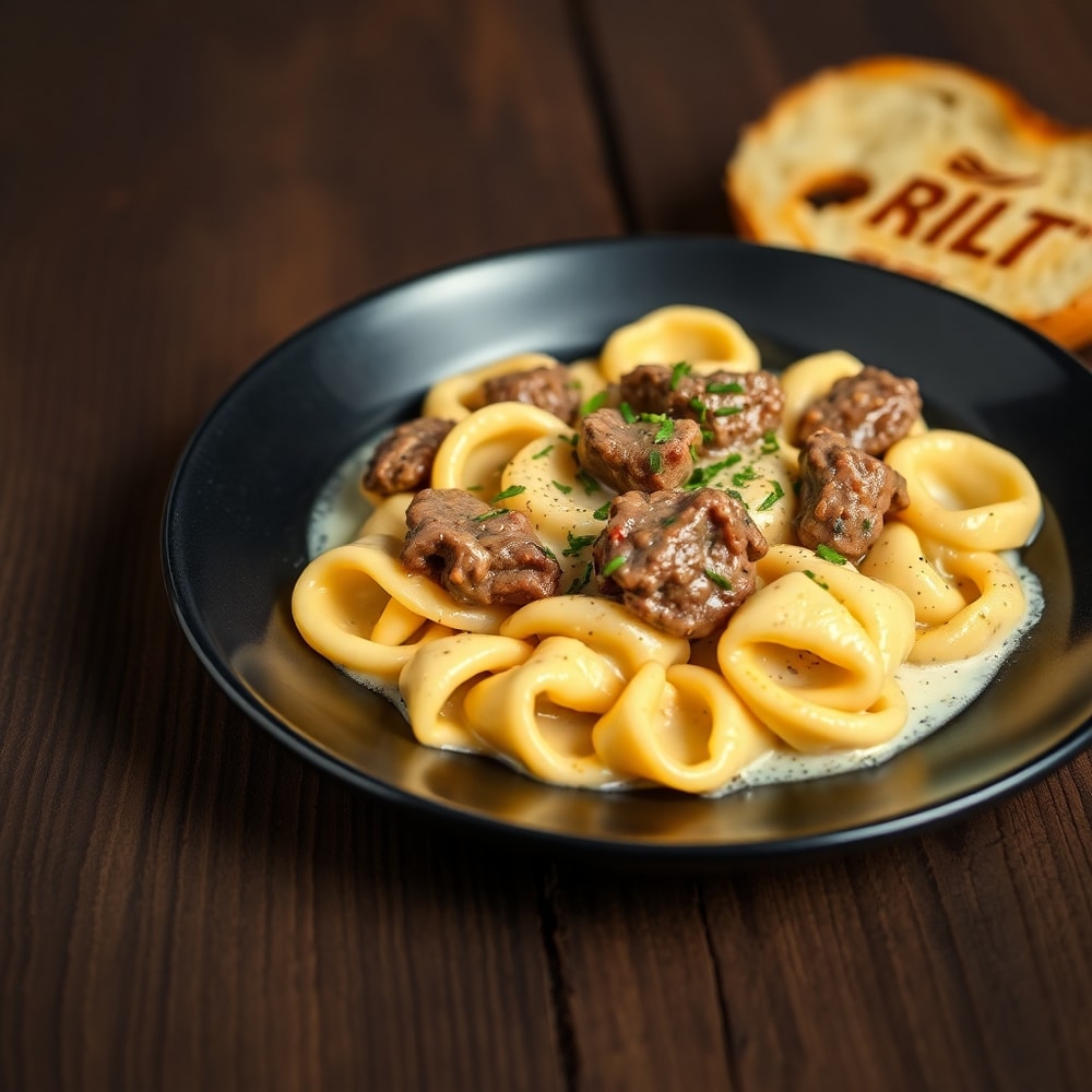 Creamy Garlic Steak Tortellini plated on a dark wooden surface, with a side of garlic bread
