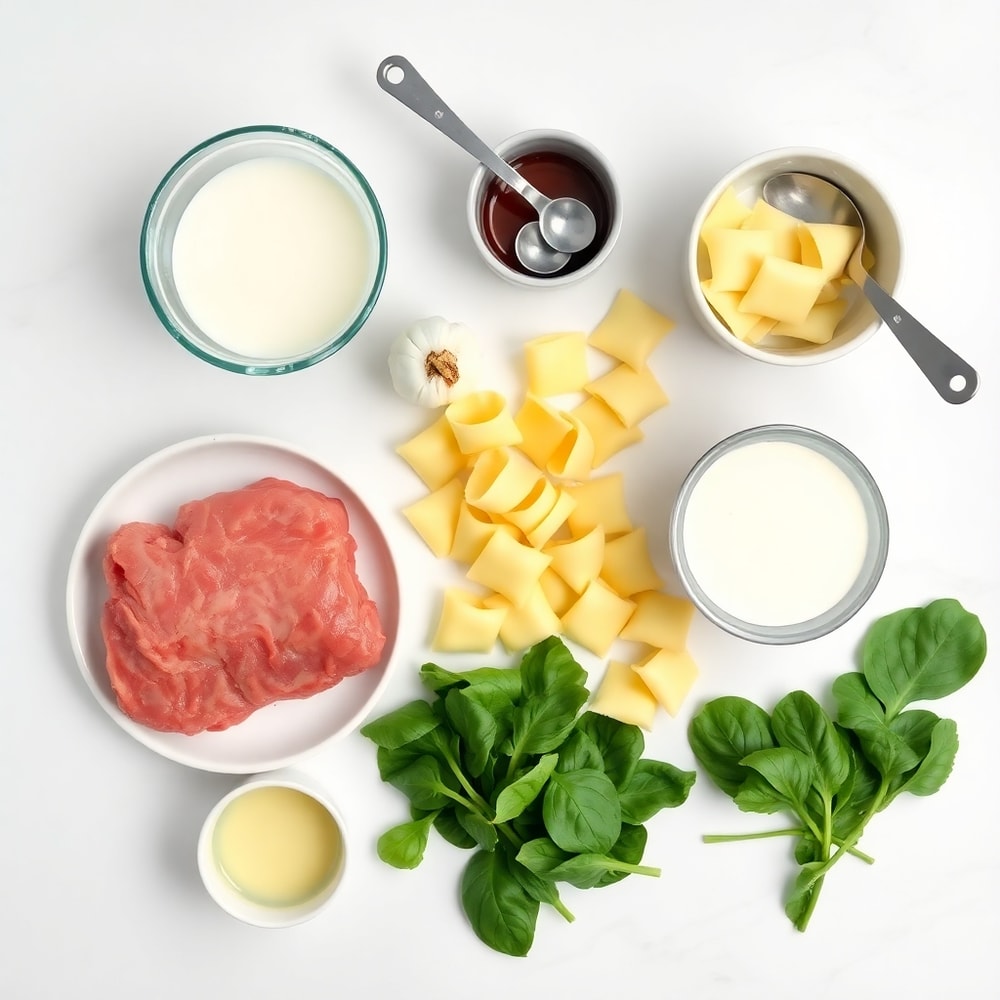 Raw ingredients for Creamy Garlic Steak Tortellini: steak, tortellini, garlic, heavy cream, and spinach arranged in a flat lay