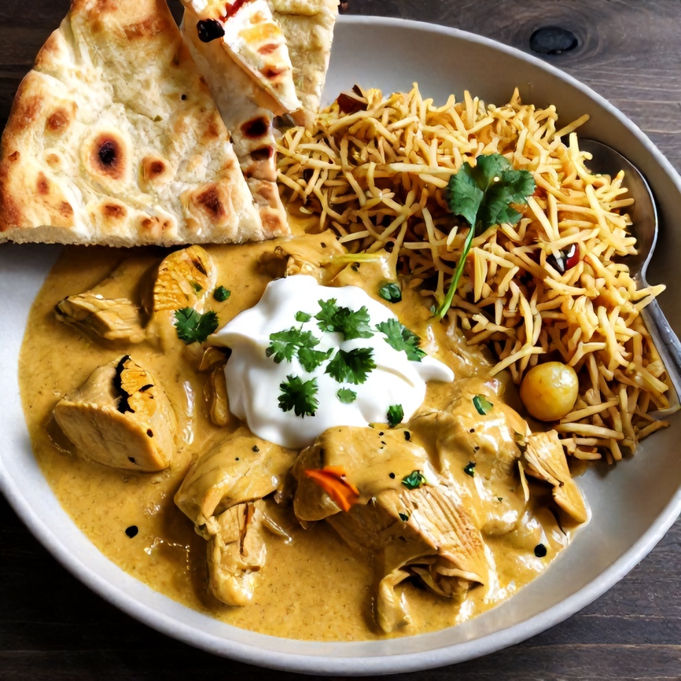 Plated butter chicken with naan and rice
