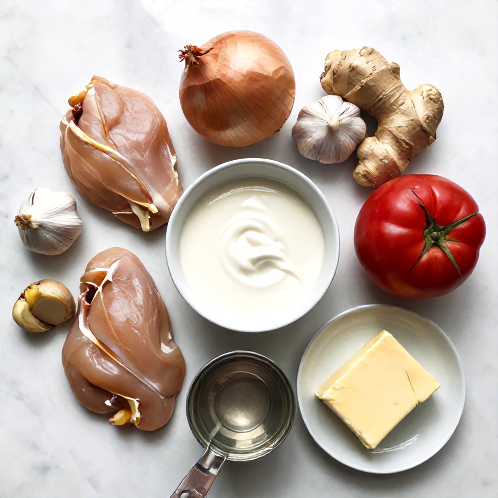 Raw ingredients for creamy butter chicken