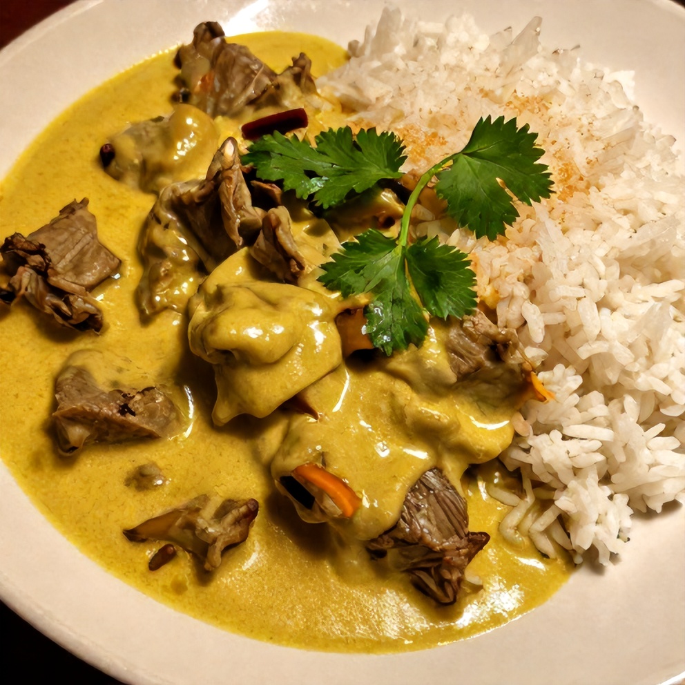 A plated serving of Creamy Lemongrass Coconut Beef Curry, garnished with fresh cilantro and served over steamed rice.