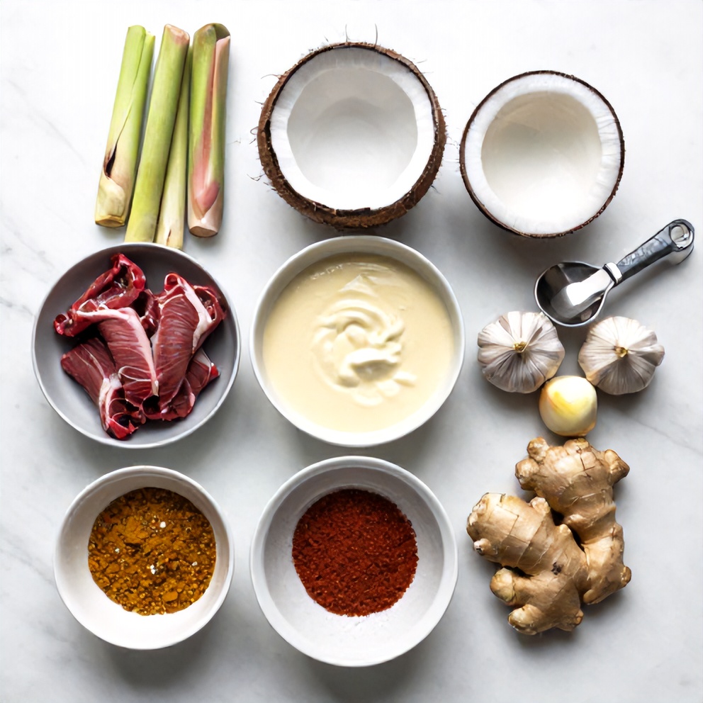 Raw ingredients for Creamy Lemongrass Coconut Beef Curry arranged in a flat lay, including beef, lemongrass, coconut milk, and spices.