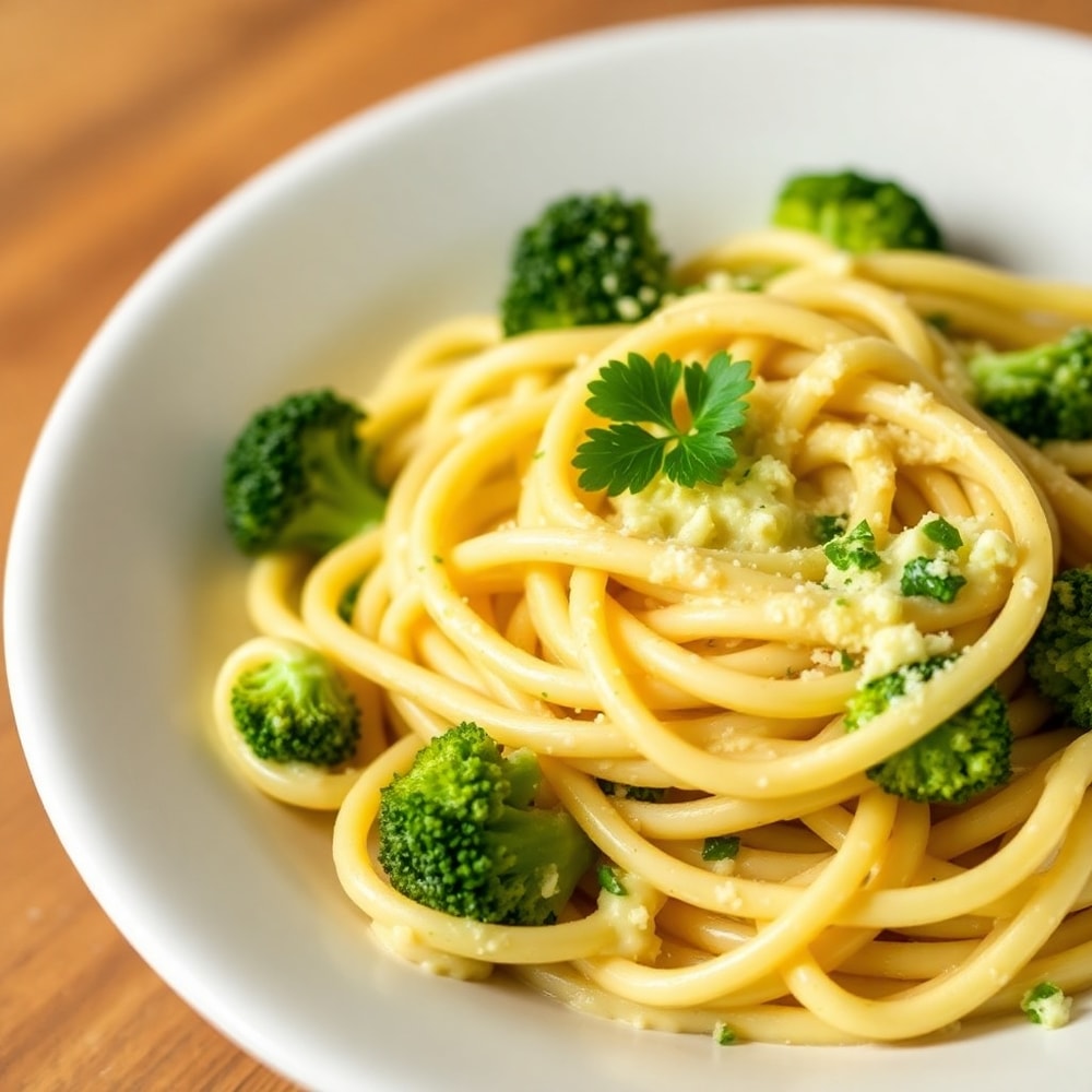 Plated Creamy Mafaldine Pasta Limone with Broccoli