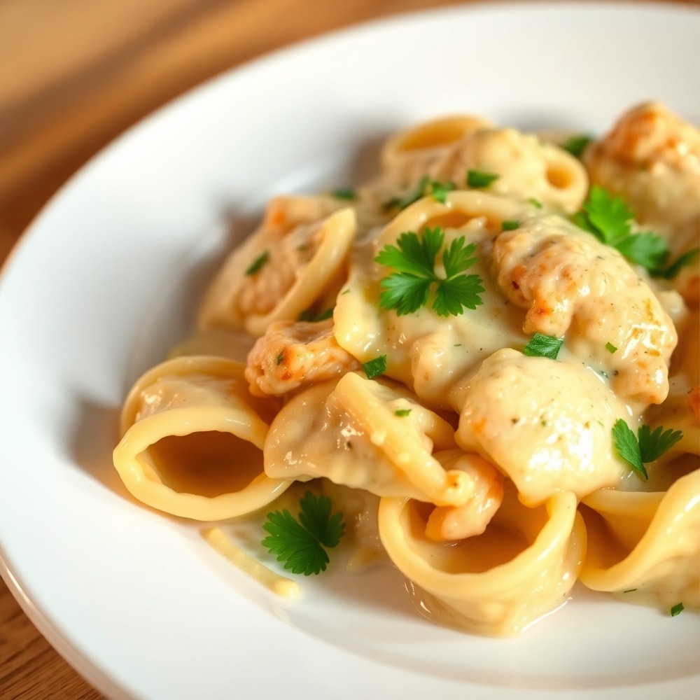 Plated Mozzarella Garlic Butter Chicken Bowties
