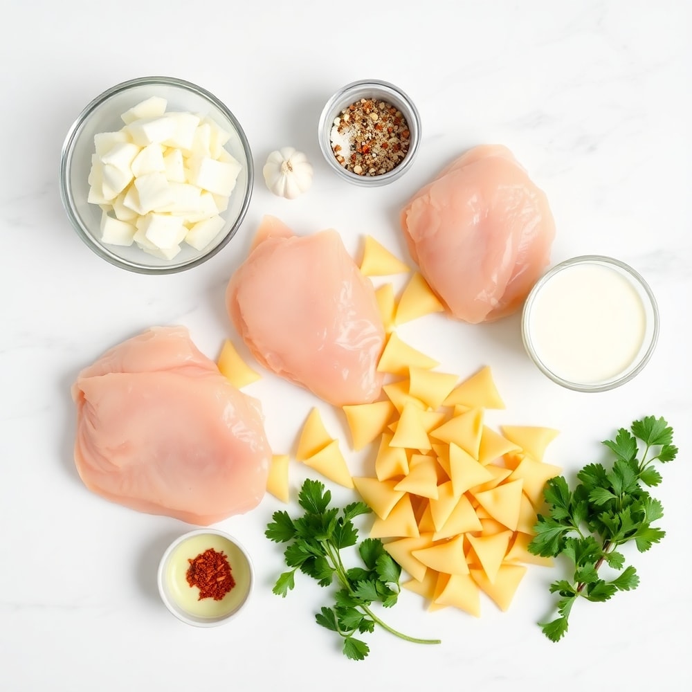 Raw ingredients for Mozzarella Garlic Butter Chicken Bowties