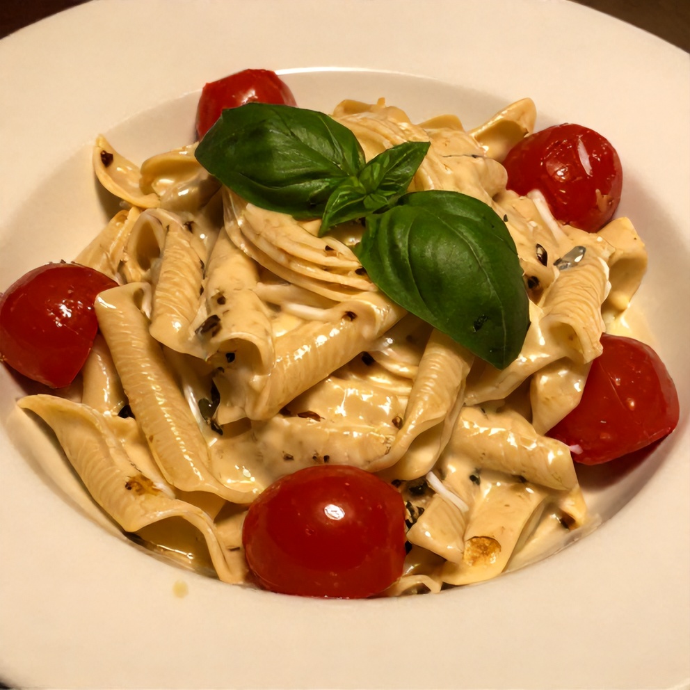 Plated creamy pasta salad with cherry tomatoes and fresh basil