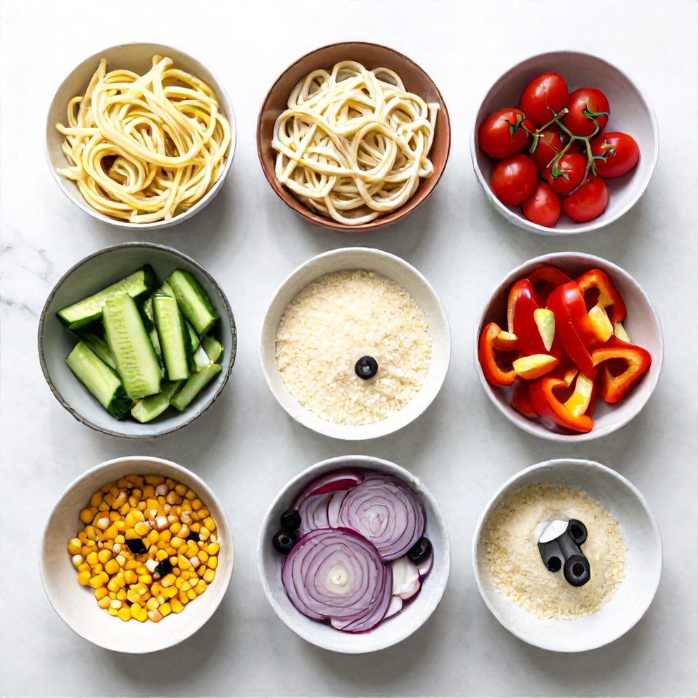 Raw ingredients for creamy pasta salad on a wooden surface