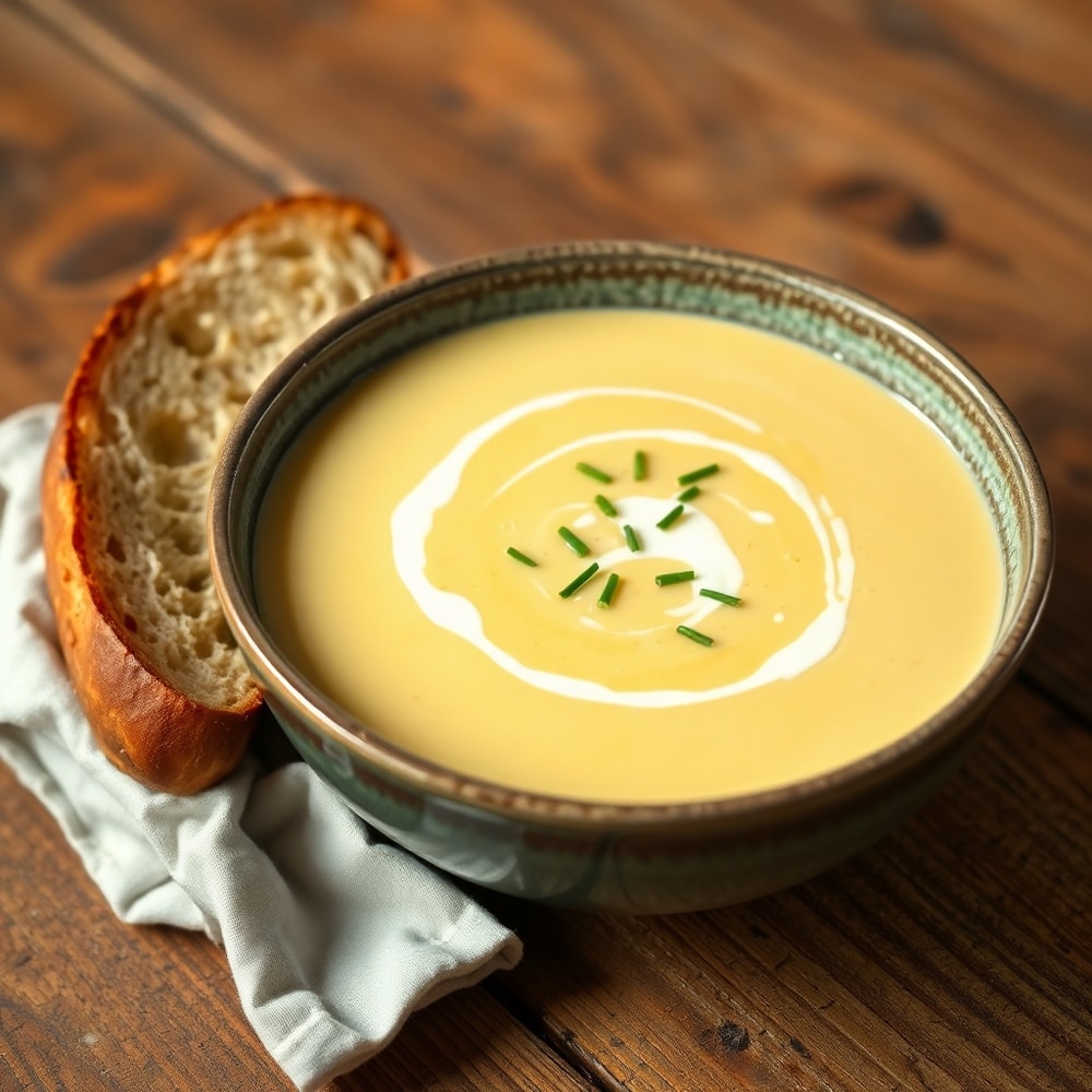 Bowl of creamy potato soup with a side of crusty bread
