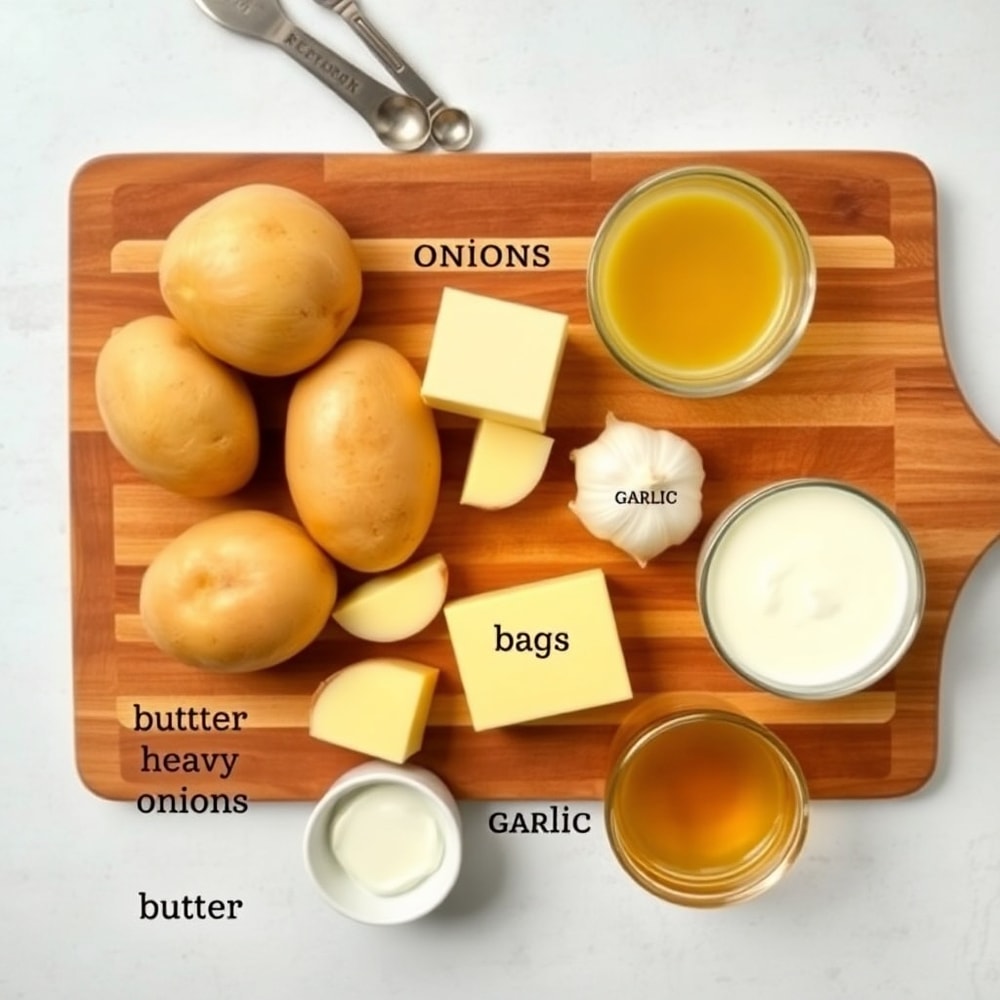 Potatoes, onions, garlic, butter, heavy cream, and chicken broth arranged on a wooden cutting board