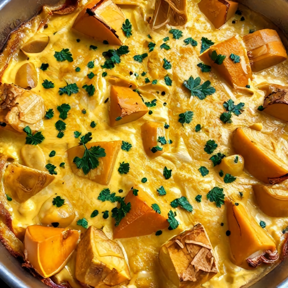 Served creamy pumpkin and potato gratin with fresh parsley
