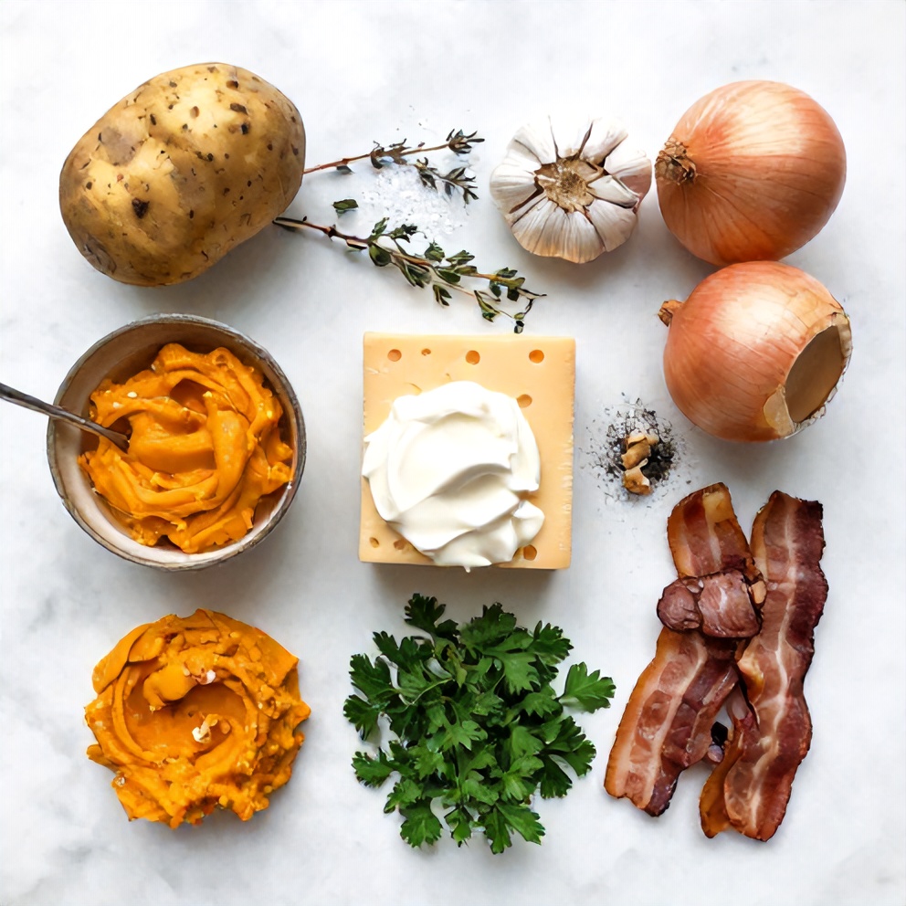Raw ingredients for creamy pumpkin and potato gratin