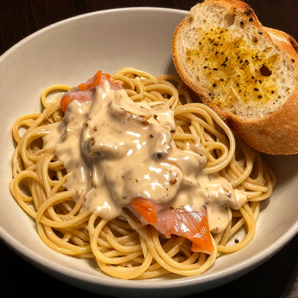 Plated creamy smoked salmon linguine with a side of garlic bread