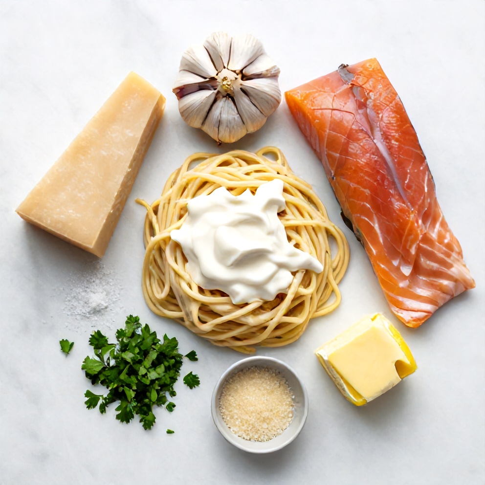 Raw ingredients for creamy smoked salmon linguine: linguine, smoked salmon, garlic, heavy cream, parmesan cheese, lemon, butter, salt, pepper, and fresh parsley