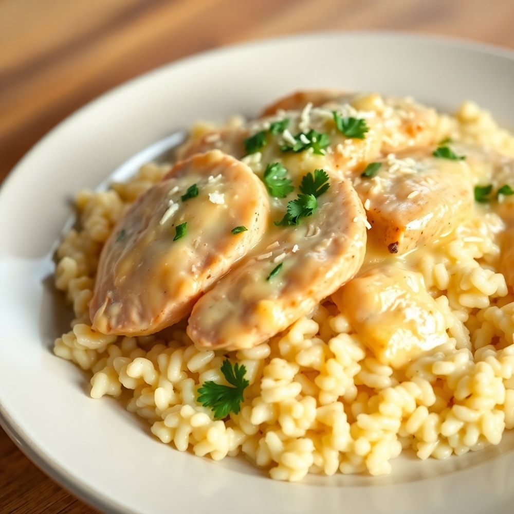 Plated Creamy Smothered Chicken and Rice with parsley garnish
