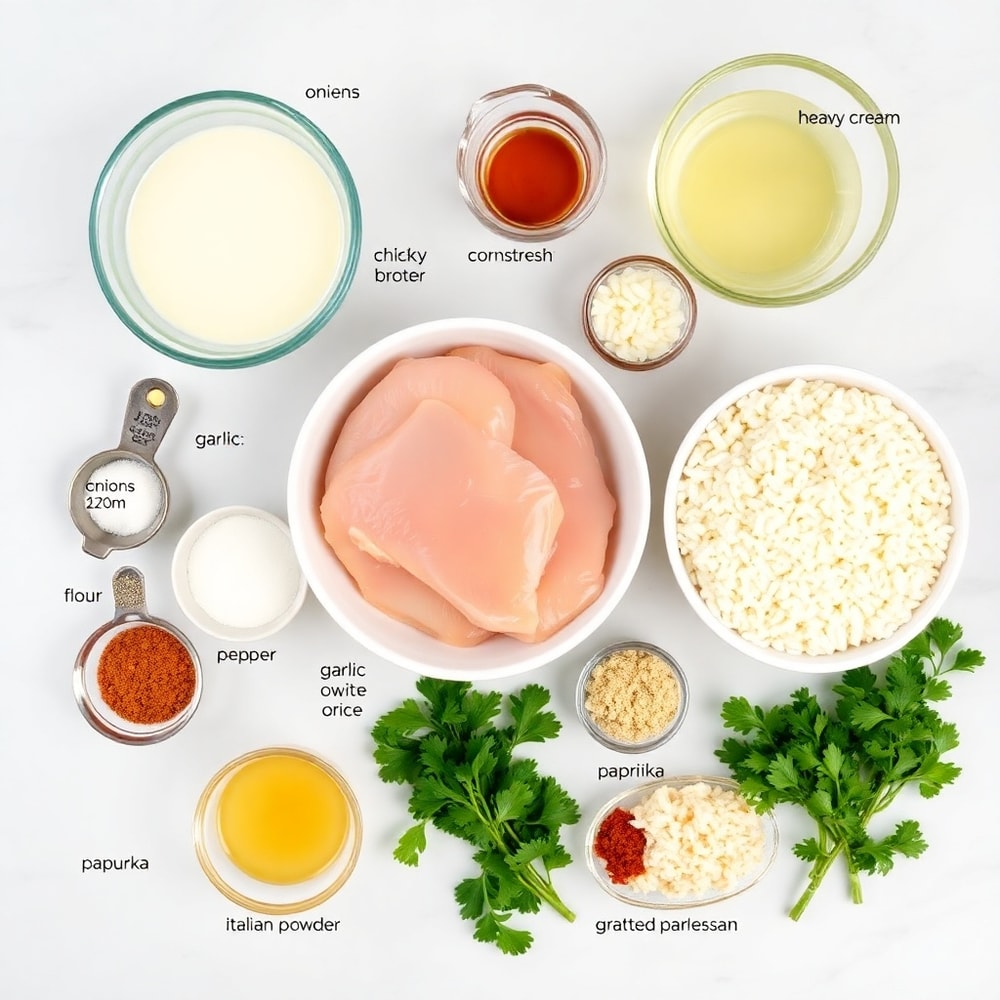 Raw ingredients for Creamy Smothered Chicken and Rice