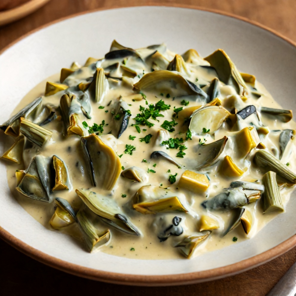 One perfect serving of Creamy Spinach and Artichokes on a rustic plate, garnished with fresh parsley