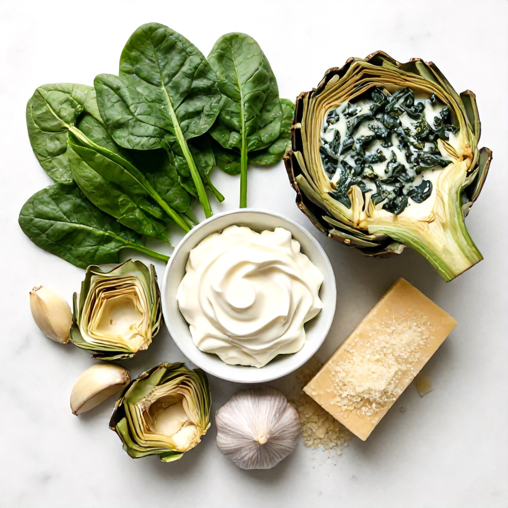 Raw ingredients for Creamy Spinach and Artichokes in an overhead flat lay, including spinach, artichoke hearts, garlic, cream cheese, and Parmesan