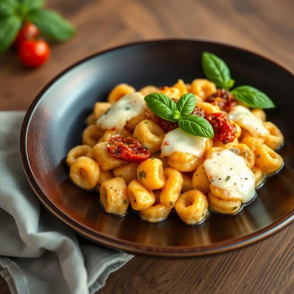 Plated creamy sundried tomato gnocchi with melted mozzarella and fresh basil