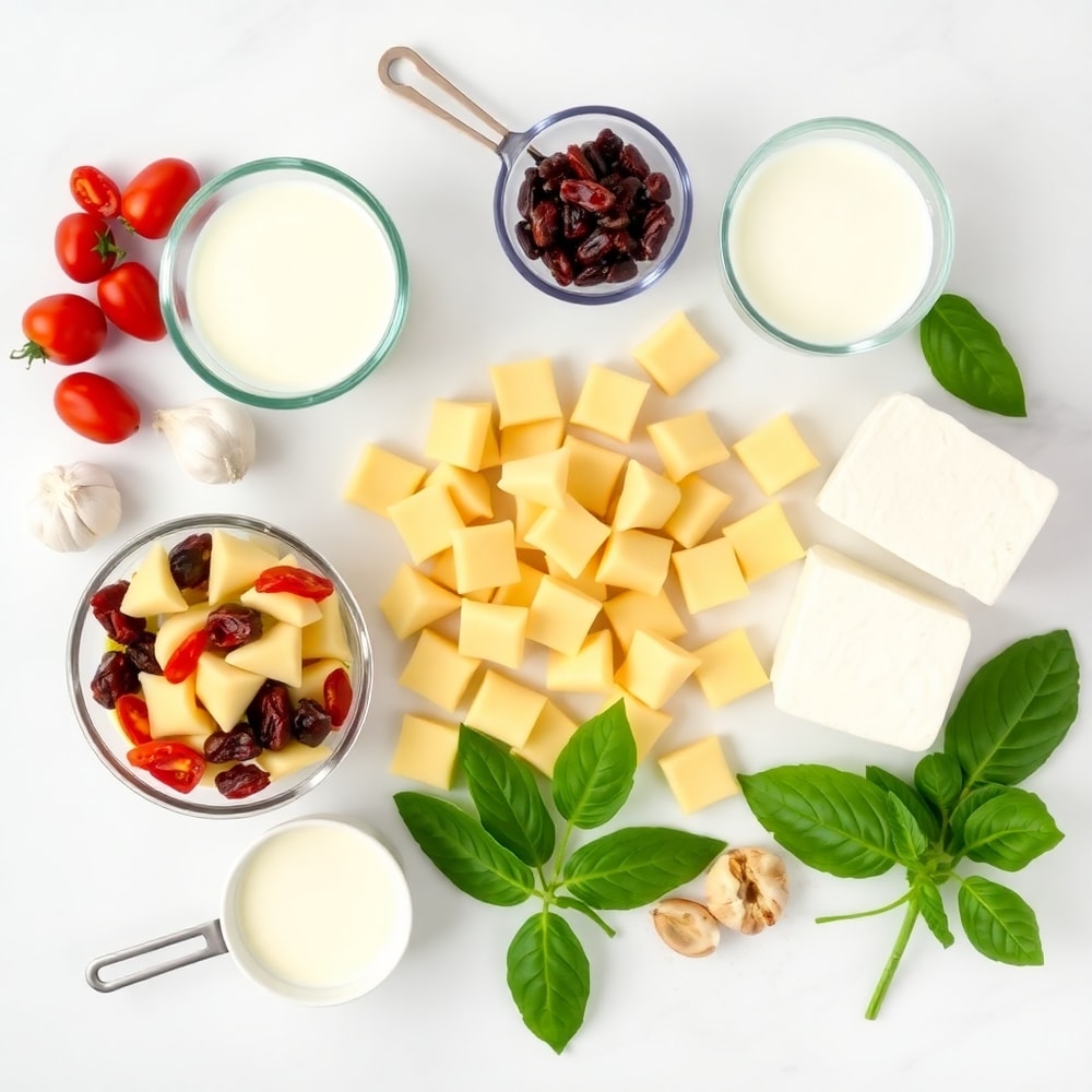 Raw ingredients for creamy sundried tomato gnocchi: gnocchi, sundried tomatoes, garlic, heavy cream, mozzarella, fresh basil