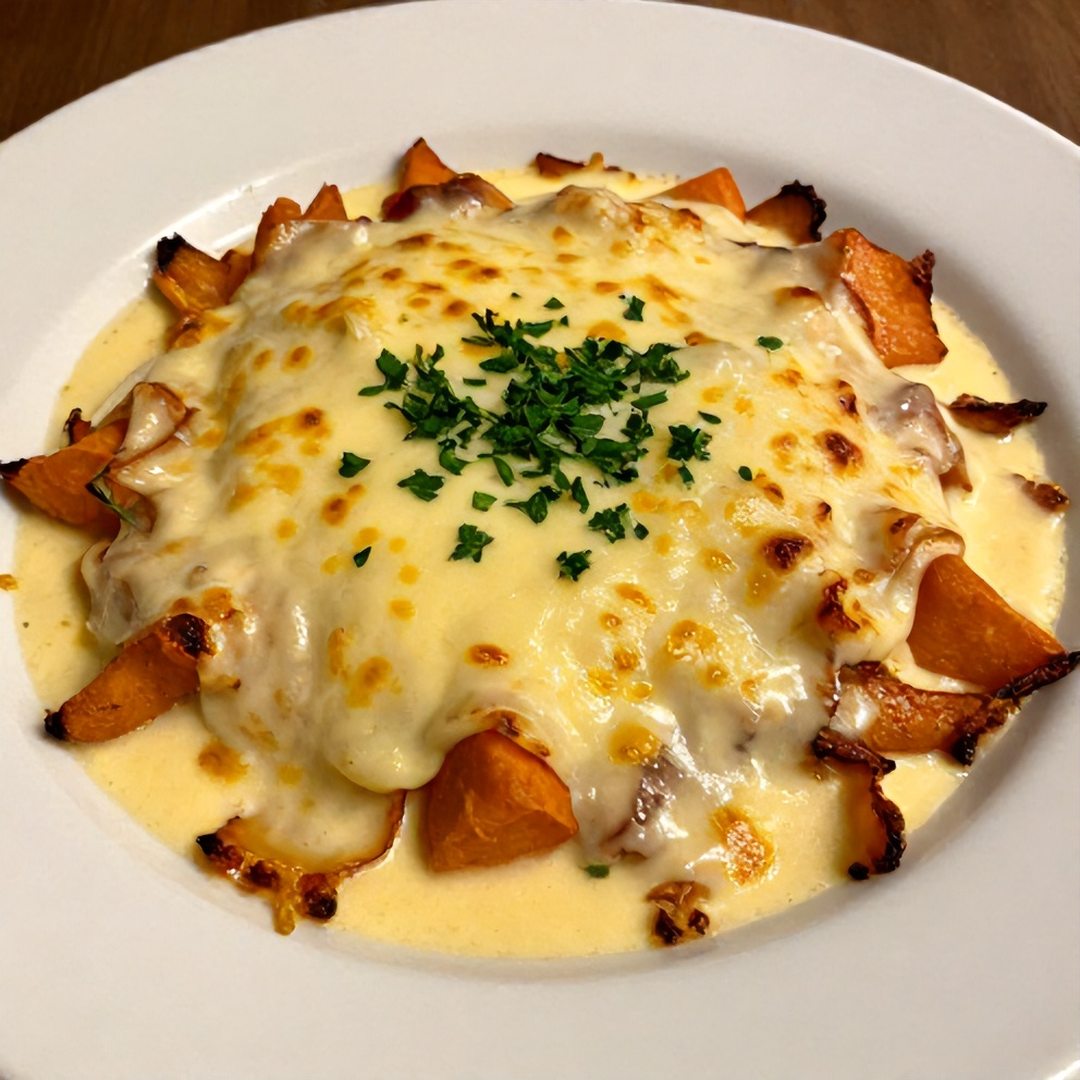 Golden Creamy Sweet Potato Gratin ready to serve