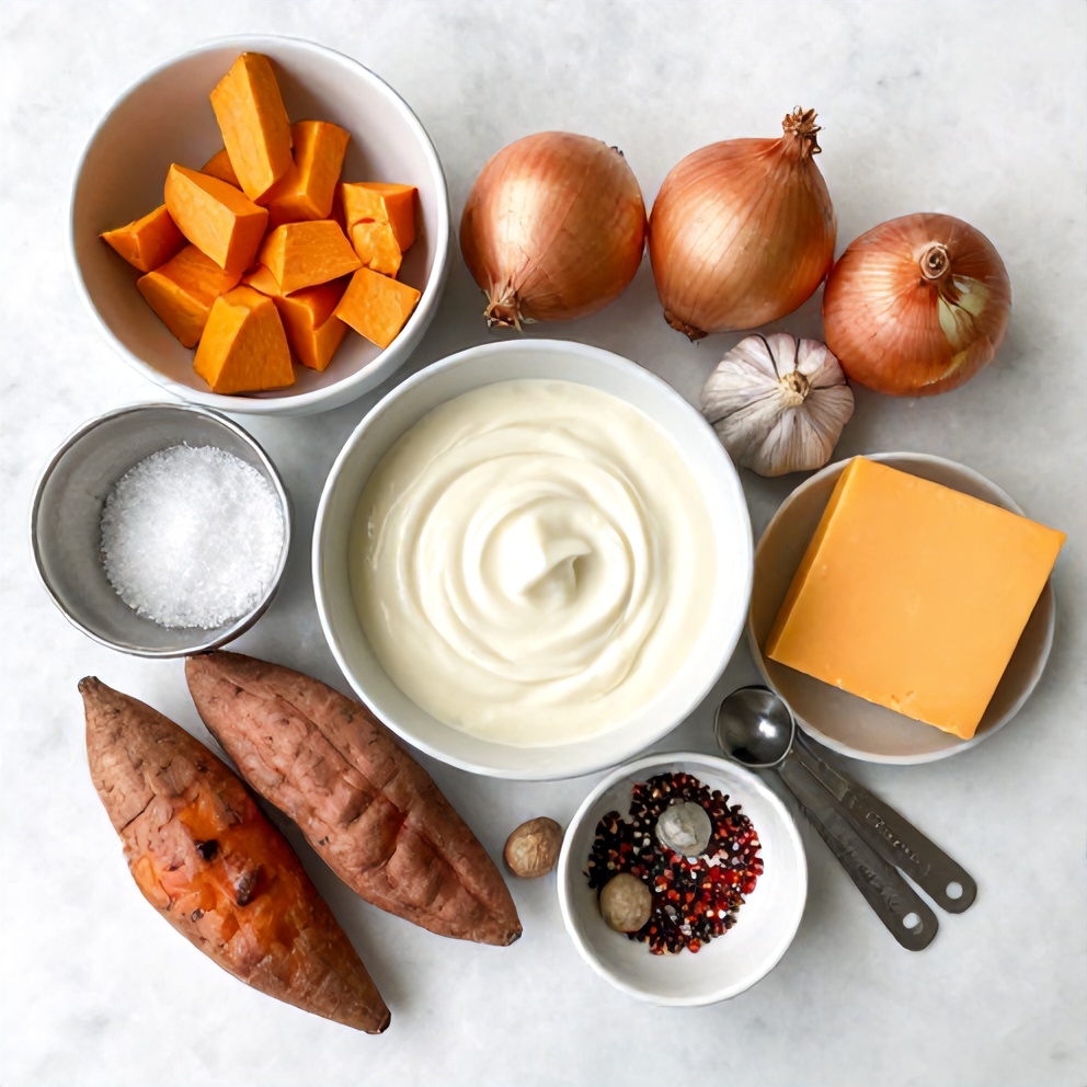 Raw ingredients for Creamy Sweet Potato Gratin