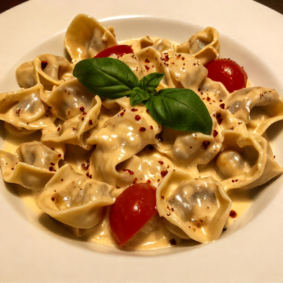 Plated creamy tortellini with tomatoes