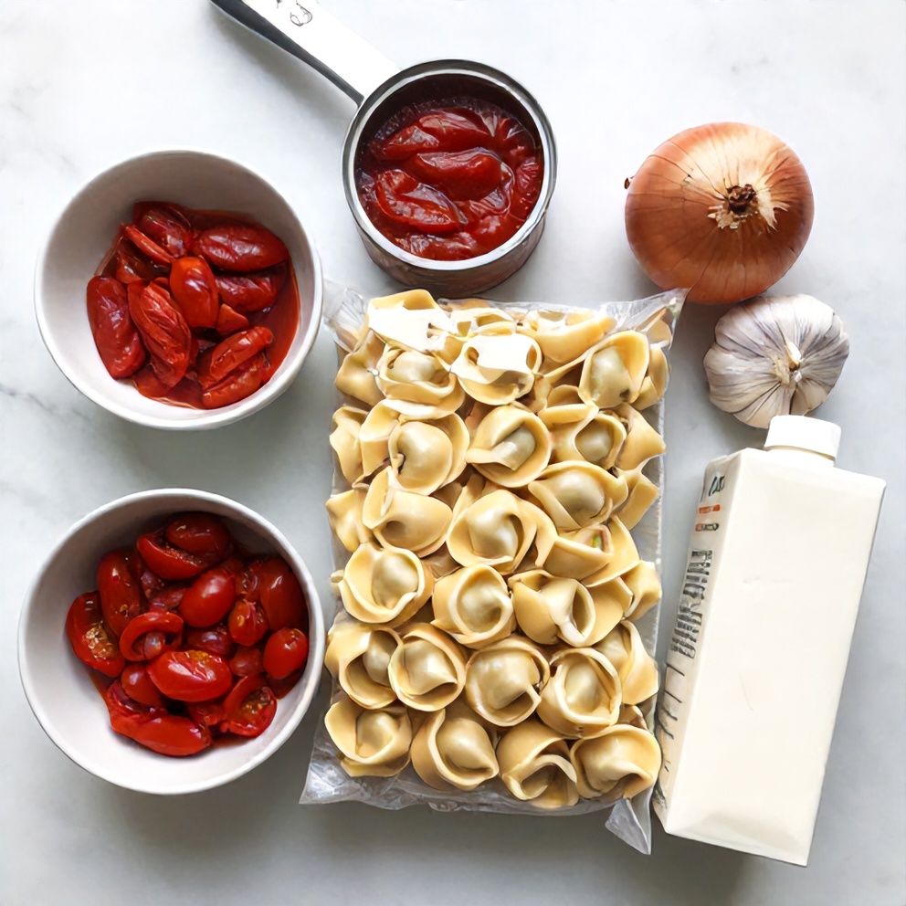 Raw ingredients for creamy tortellini with tomatoes