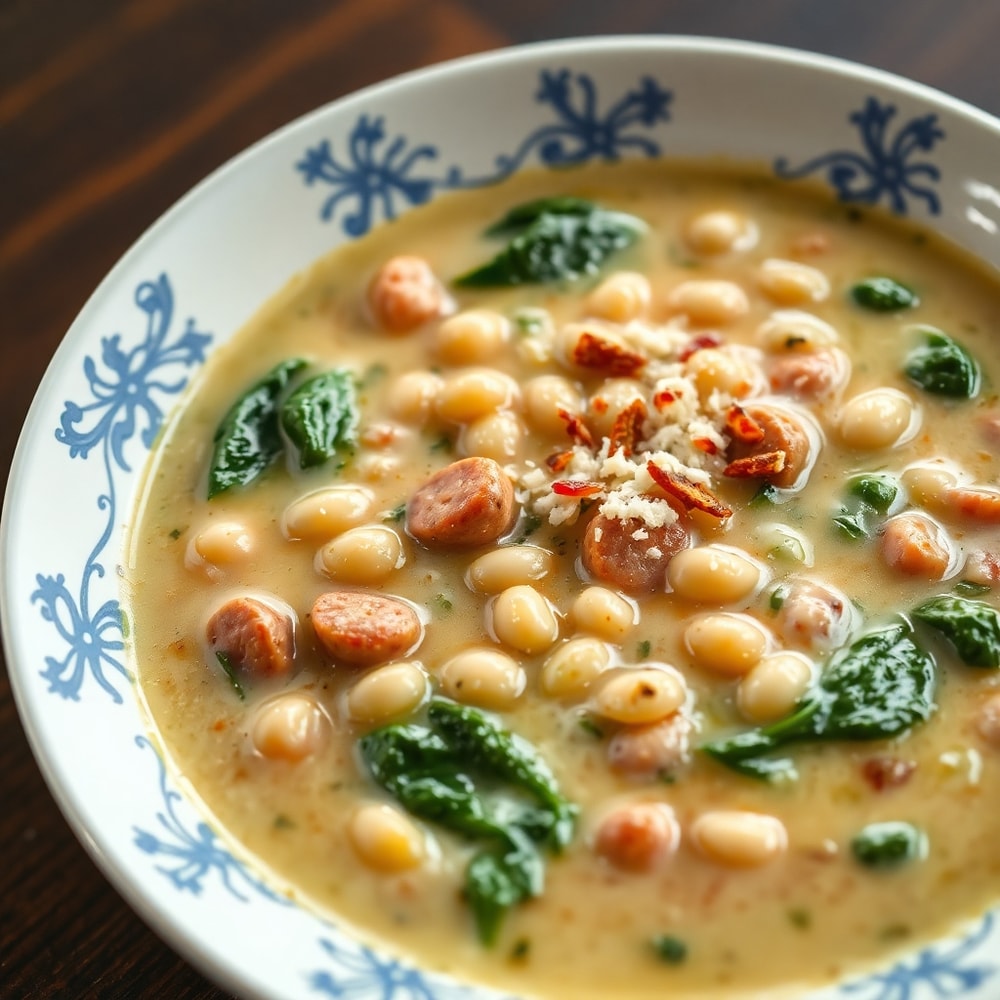 Creamy Tuscan White Bean Soup with Sausage and Spinach plated