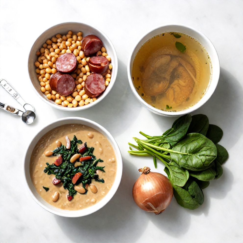 Raw ingredients for Creamy Tuscan White Bean Soup with Sausage and Spinach