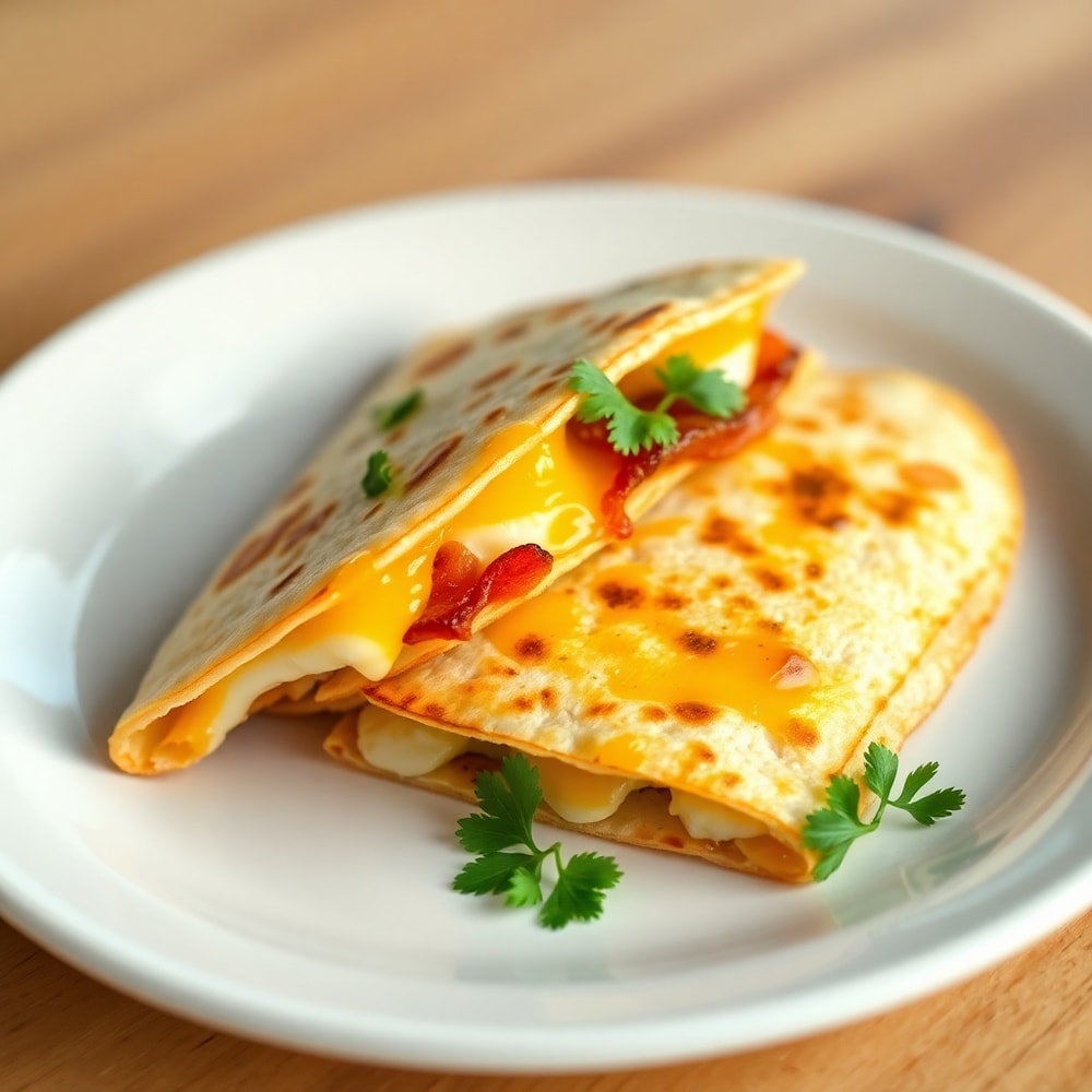 Plated bacon egg cheese breakfast quesadillas