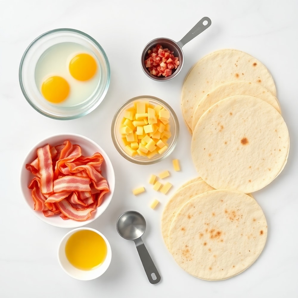 Raw ingredients for bacon egg cheese quesadillas