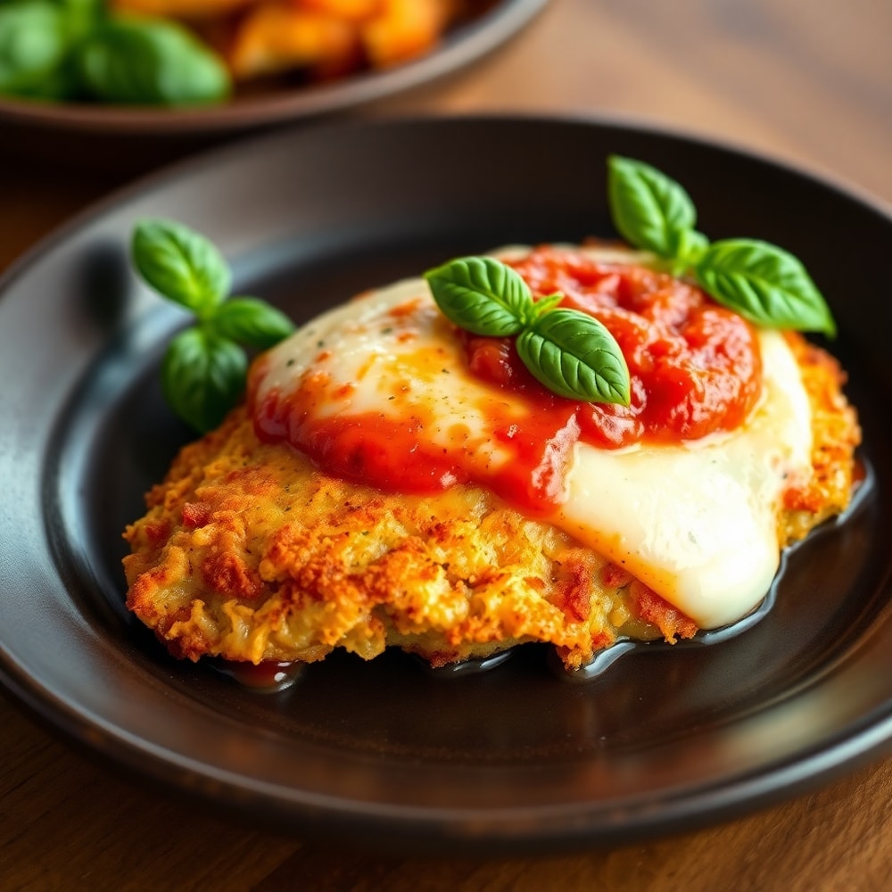 Plated Crispy Baked Chicken Parmesan with a side of pasta and garlic bread