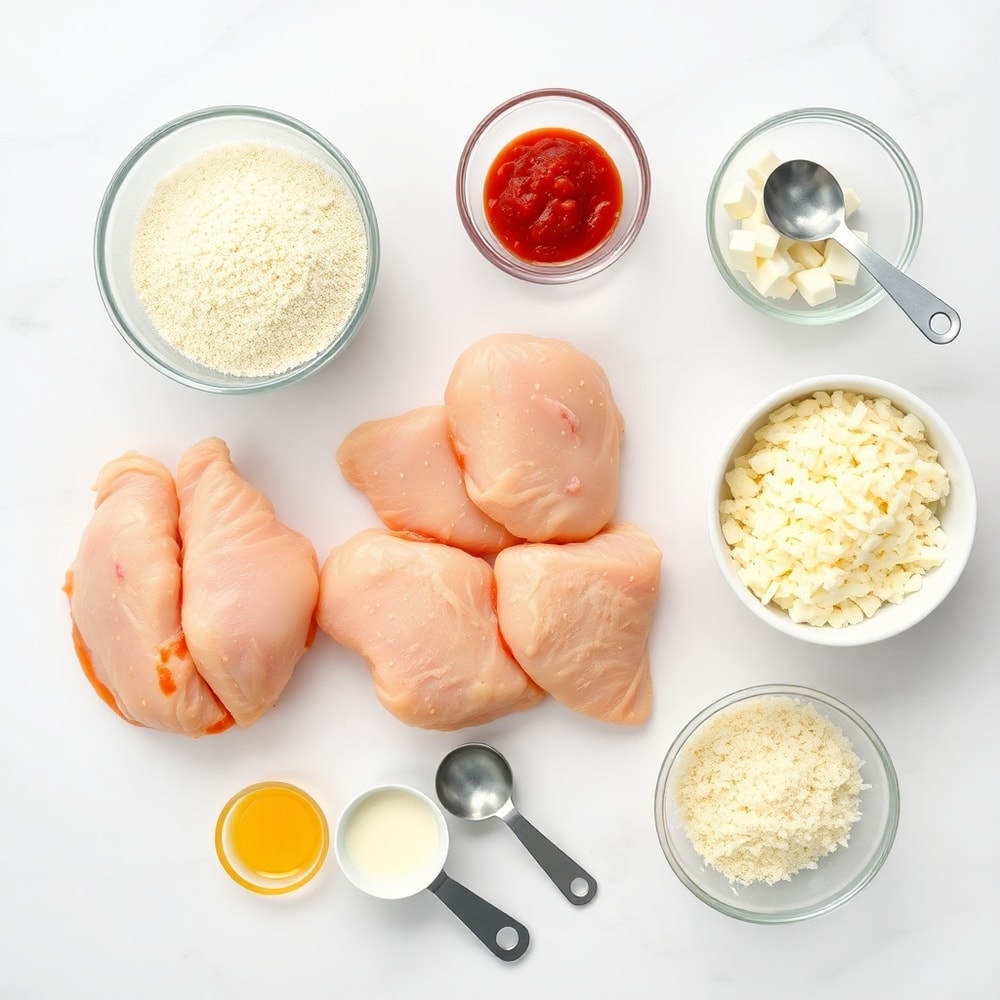 Raw ingredients for Crispy Baked Chicken Parmesan: chicken breasts, breadcrumbs, eggs, marinara sauce, mozzarella cheese, and Parmesan cheese