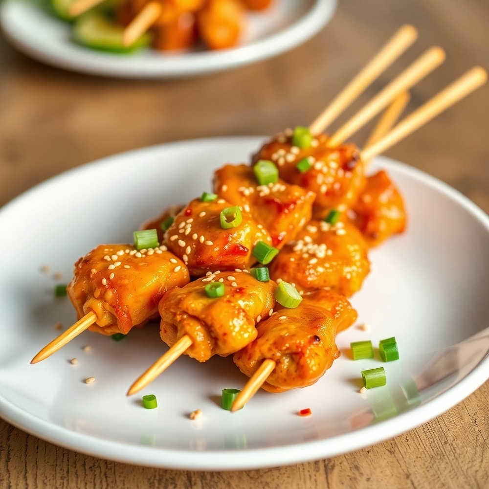 Plated Bang Bang Chicken Skewers with green onions and sesame seeds