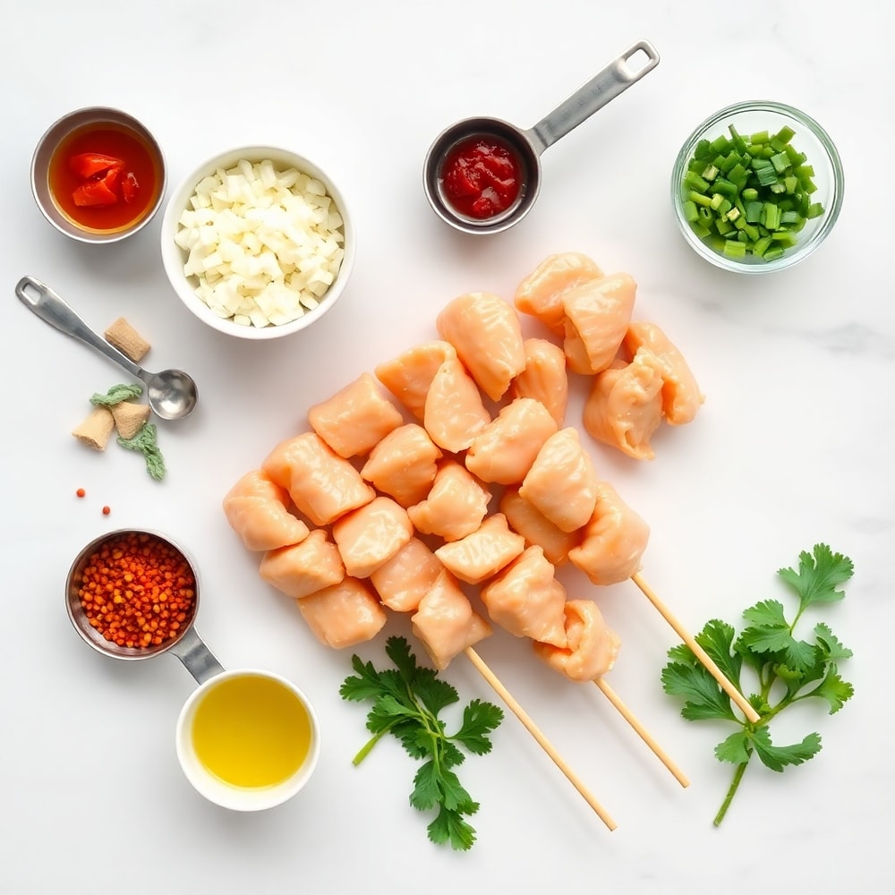 Raw ingredients for Bang Bang Chicken Skewers on a marble surface