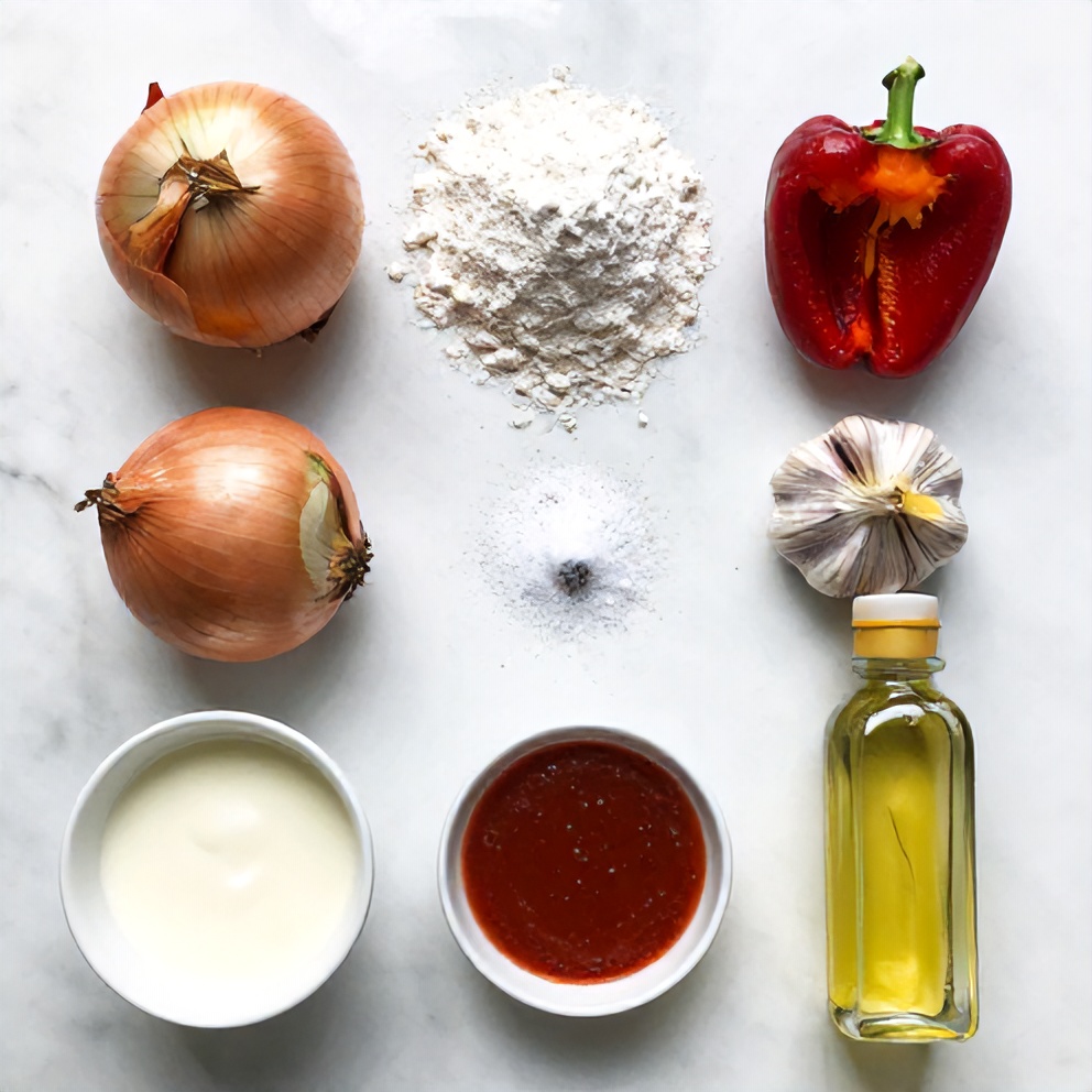 Raw ingredients for Blooming Onions on a marble surface