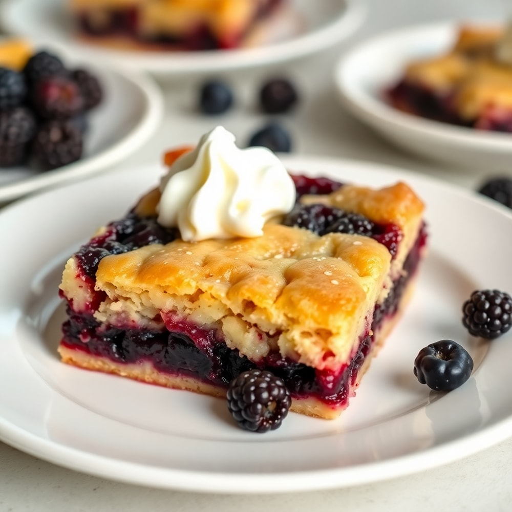 One perfect plated serving of Blackberry Cobbler Bars on a white plate, garnished with a dollop of whipped cream