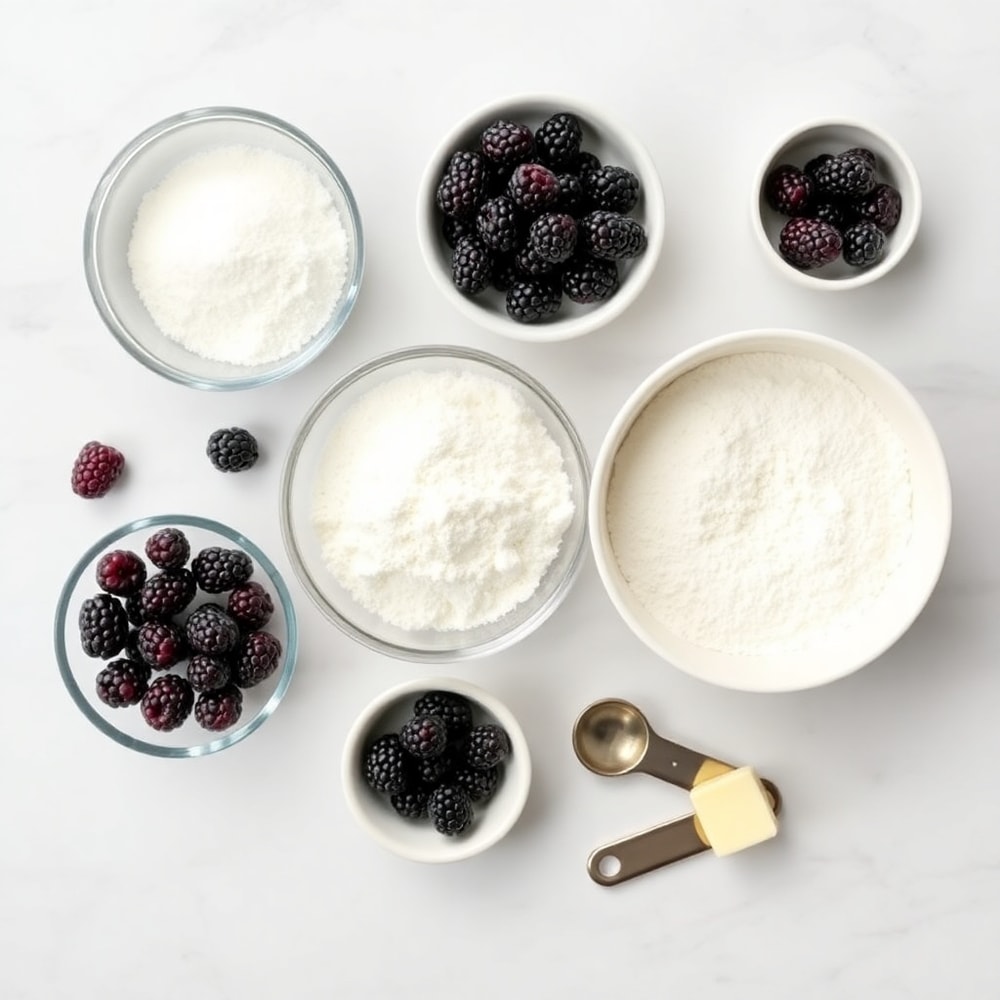 Overhead flat lay of raw ingredients for Blackberry Cobbler Bars, including blackberries, flour, sugar, and butter