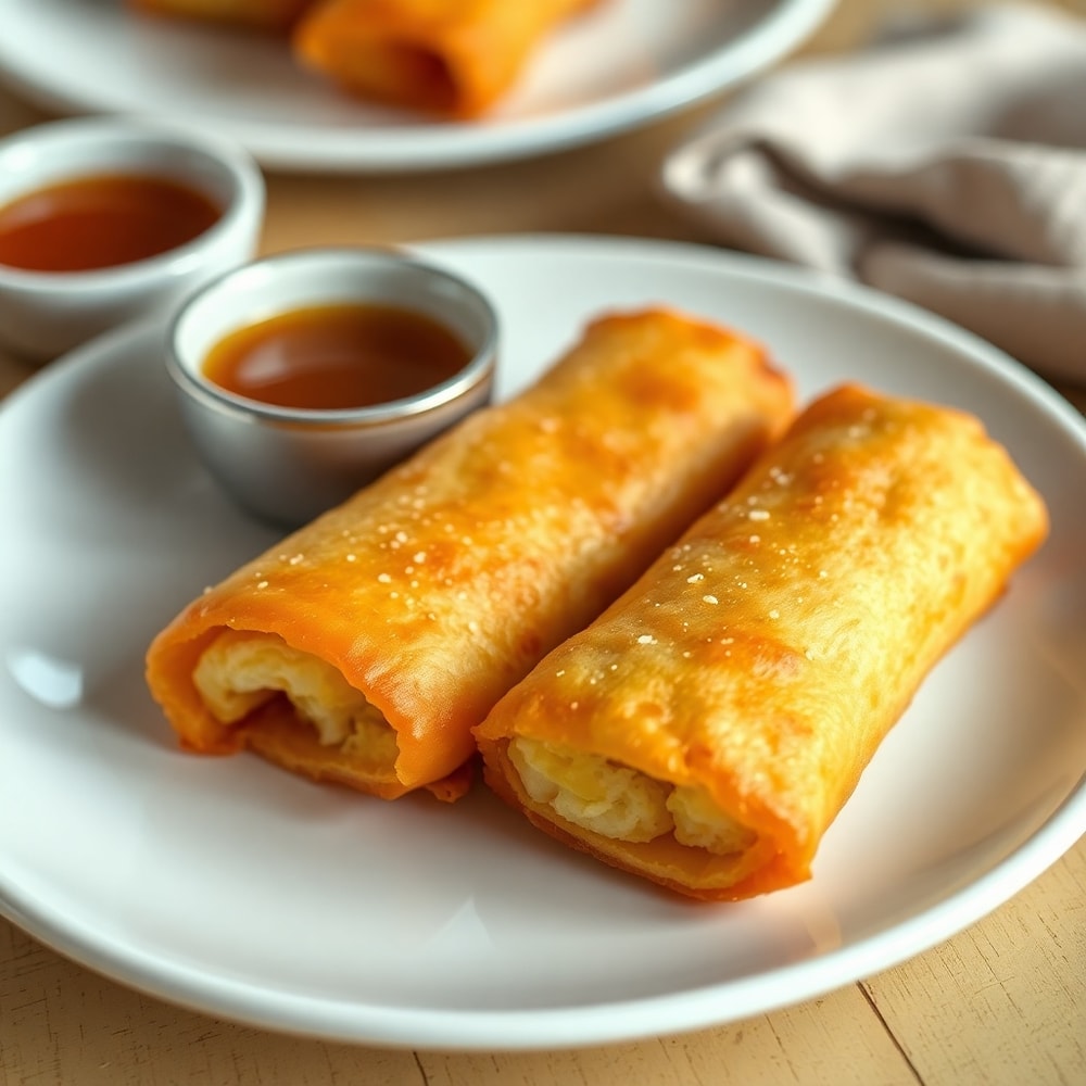 Plated breakfast egg rolls with a side of syrup