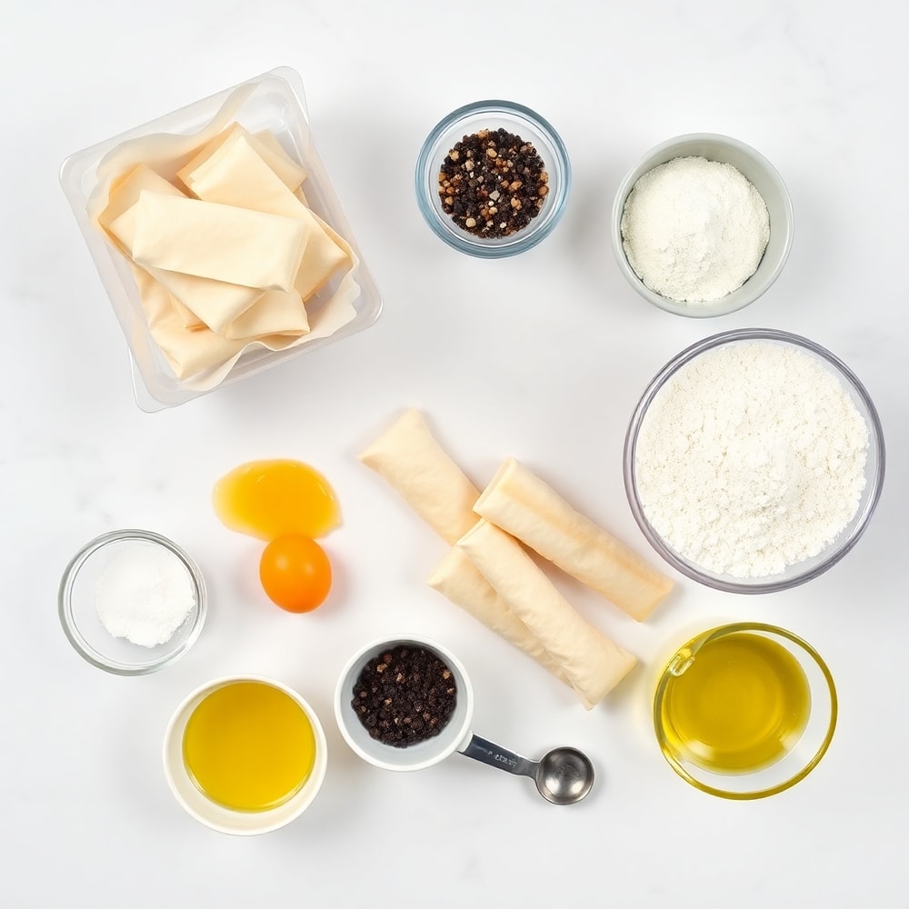 Breakfast egg rolls ingredients on a marble counter