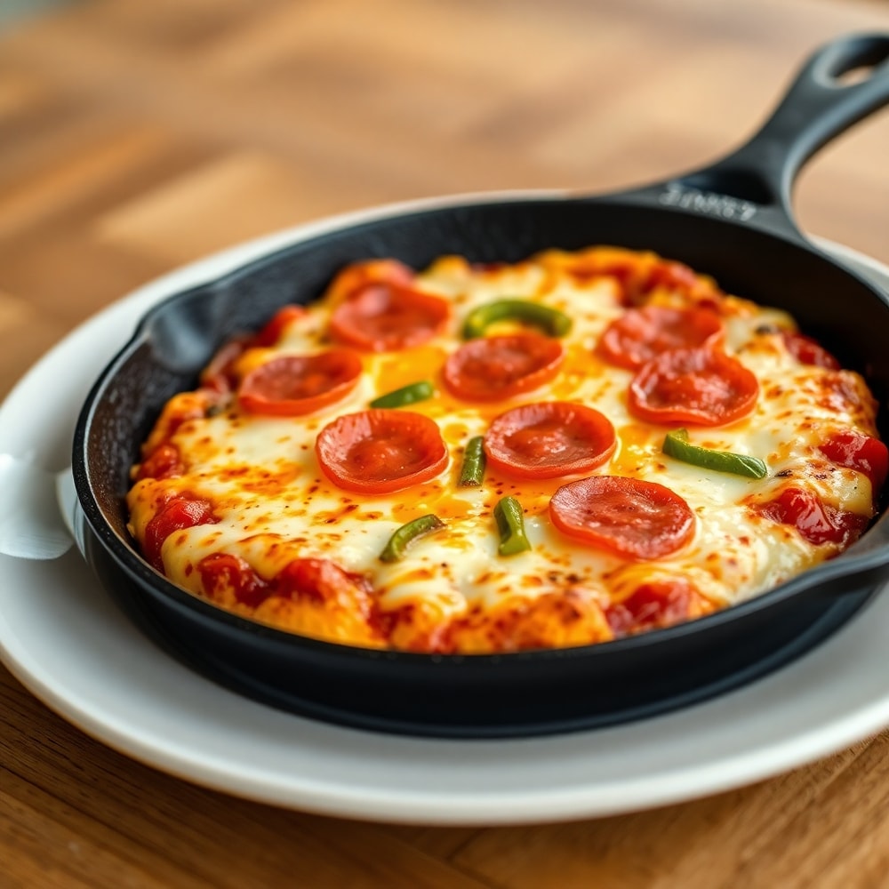 Finished Cast Iron Skillet Pizza with melted cheese, pepperoni, and green peppers