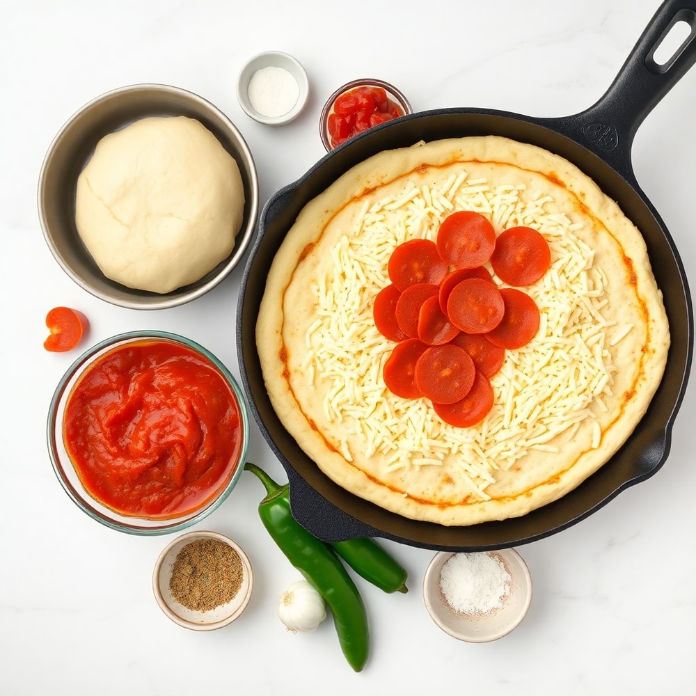 Raw ingredients for Cast Iron Skillet Pizza including dough, sauce, cheese, and toppings