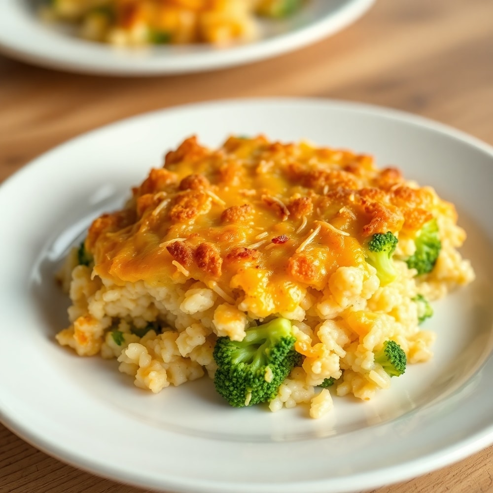 Crispy chicken broccoli rice casserole plated