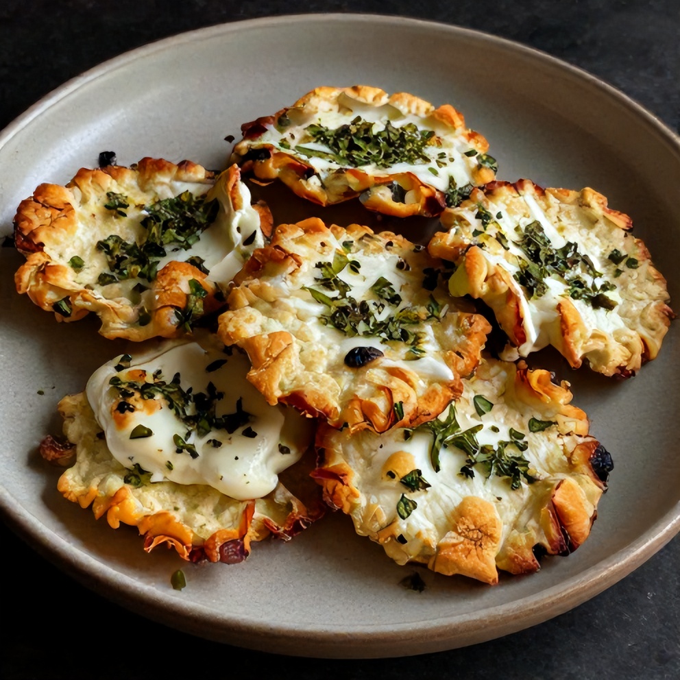 Plated serving of cottage cheese chips with fresh herbs on a rustic plate